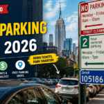 NYC Parking Rules 2026 showing street parking signs, meters, and traffic enforcement in New York City