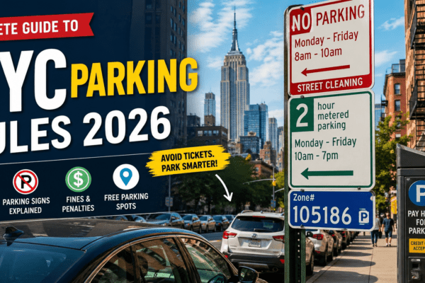 NYC Parking Rules 2026 showing street parking signs, meters, and traffic enforcement in New York City