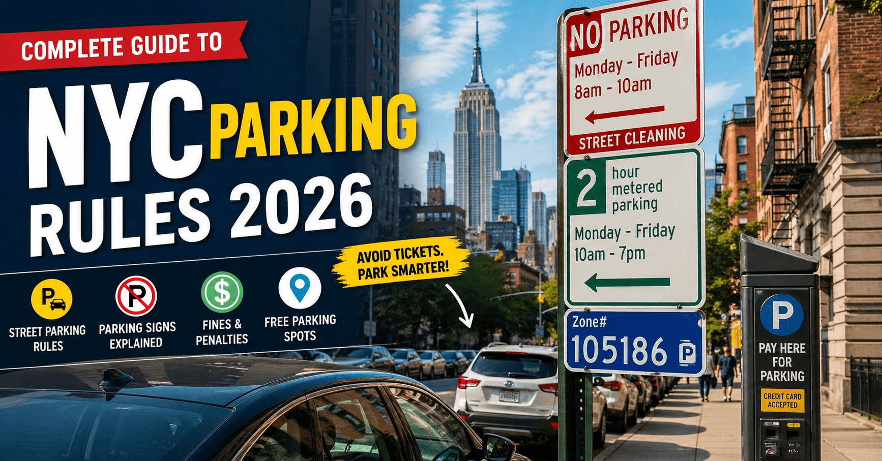 NYC Parking Rules 2026 showing street parking signs, meters, and traffic enforcement in New York City