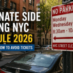 alternate side parking NYC schedule 2026 street cleaning sign with parked cars in New York City