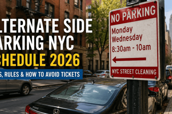 alternate side parking NYC schedule 2026 street cleaning sign with parked cars in New York City