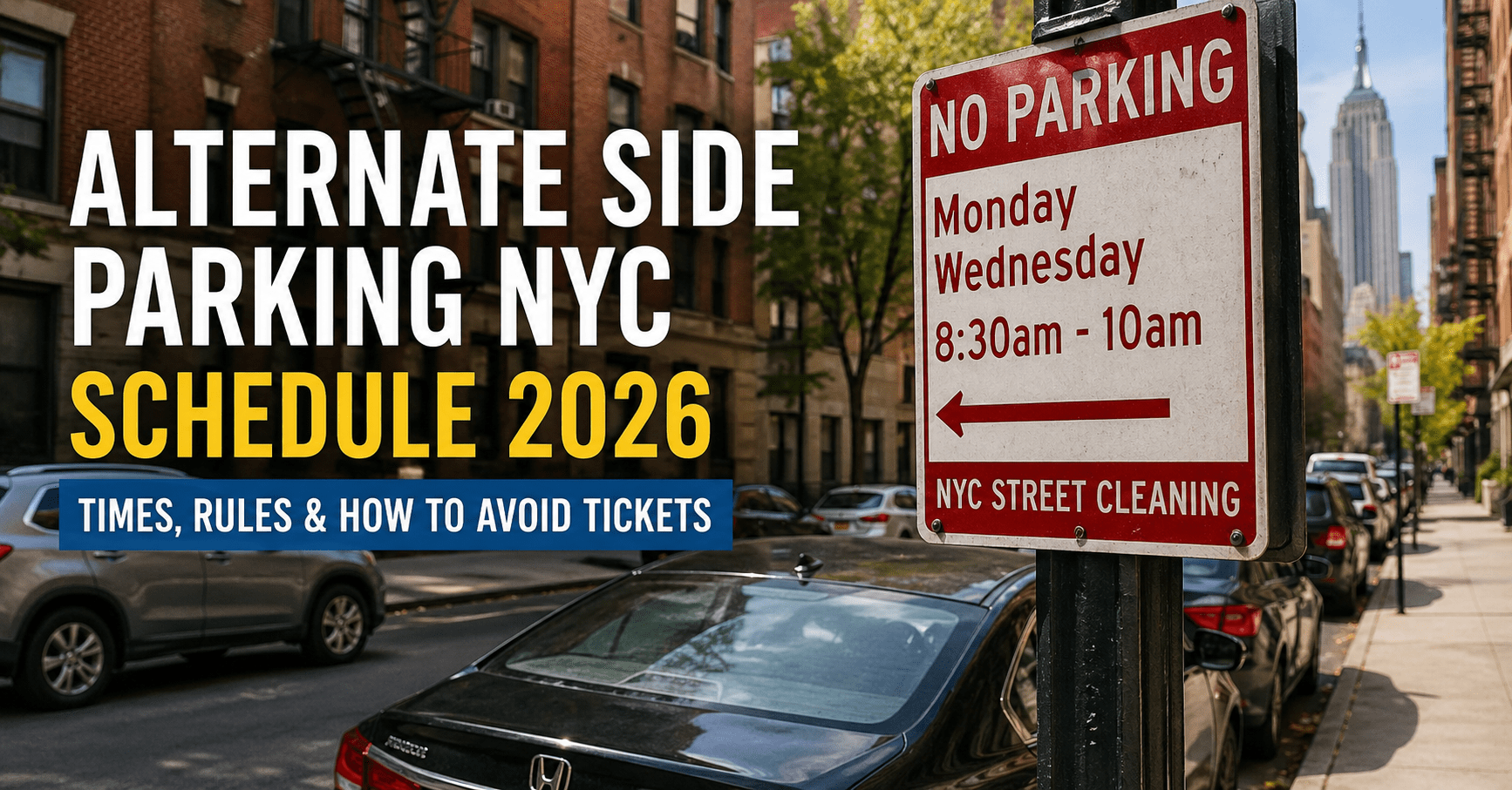 alternate side parking NYC schedule 2026 street cleaning sign with parked cars in New York City