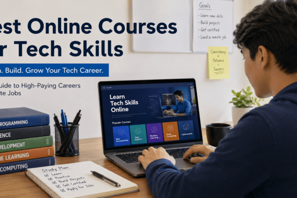 Student learning Best Online Courses for Tech Skills using laptop with coding, AI, cloud computing and data science concepts for best online courses for tech skills in 2026