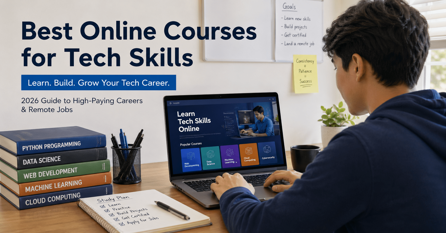 Student learning Best Online Courses for Tech Skills using laptop with coding, AI, cloud computing and data science concepts for best online courses for tech skills in 2026