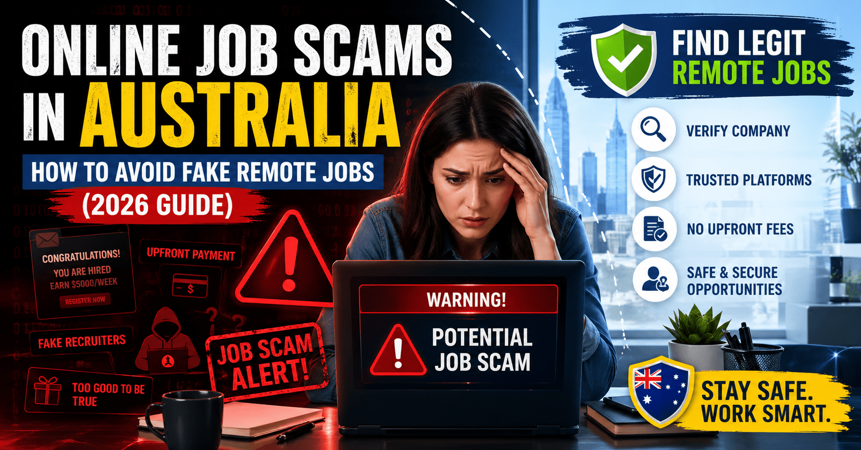 Online job scams in Australia warning concept showing fake remote job alerts and safe legit work-from-home opportunities in 2026 guide
