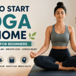 Beginner doing start yoga at home step by step routine for flexibility, weight loss and stress relief