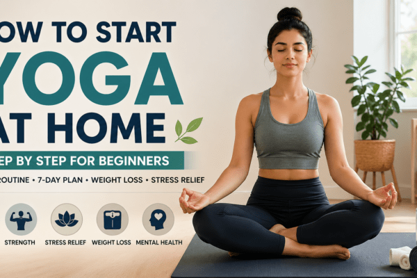 Beginner doing start yoga at home step by step routine for flexibility, weight loss and stress relief