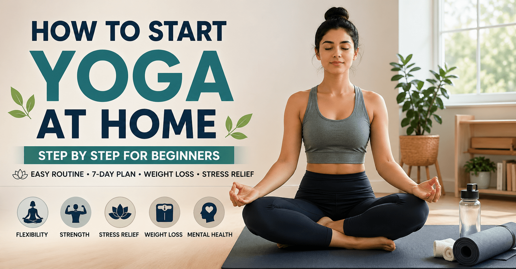 Beginner doing start yoga at home step by step routine for flexibility, weight loss and stress relief