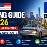 USA parking guide 2026 showing parking signs, car, meter and rules to find cheap parking and avoid tickets