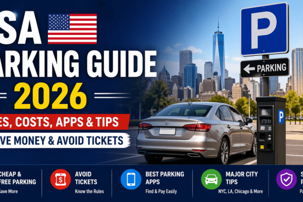 USA parking guide 2026 showing parking signs, car, meter and rules to find cheap parking and avoid tickets
