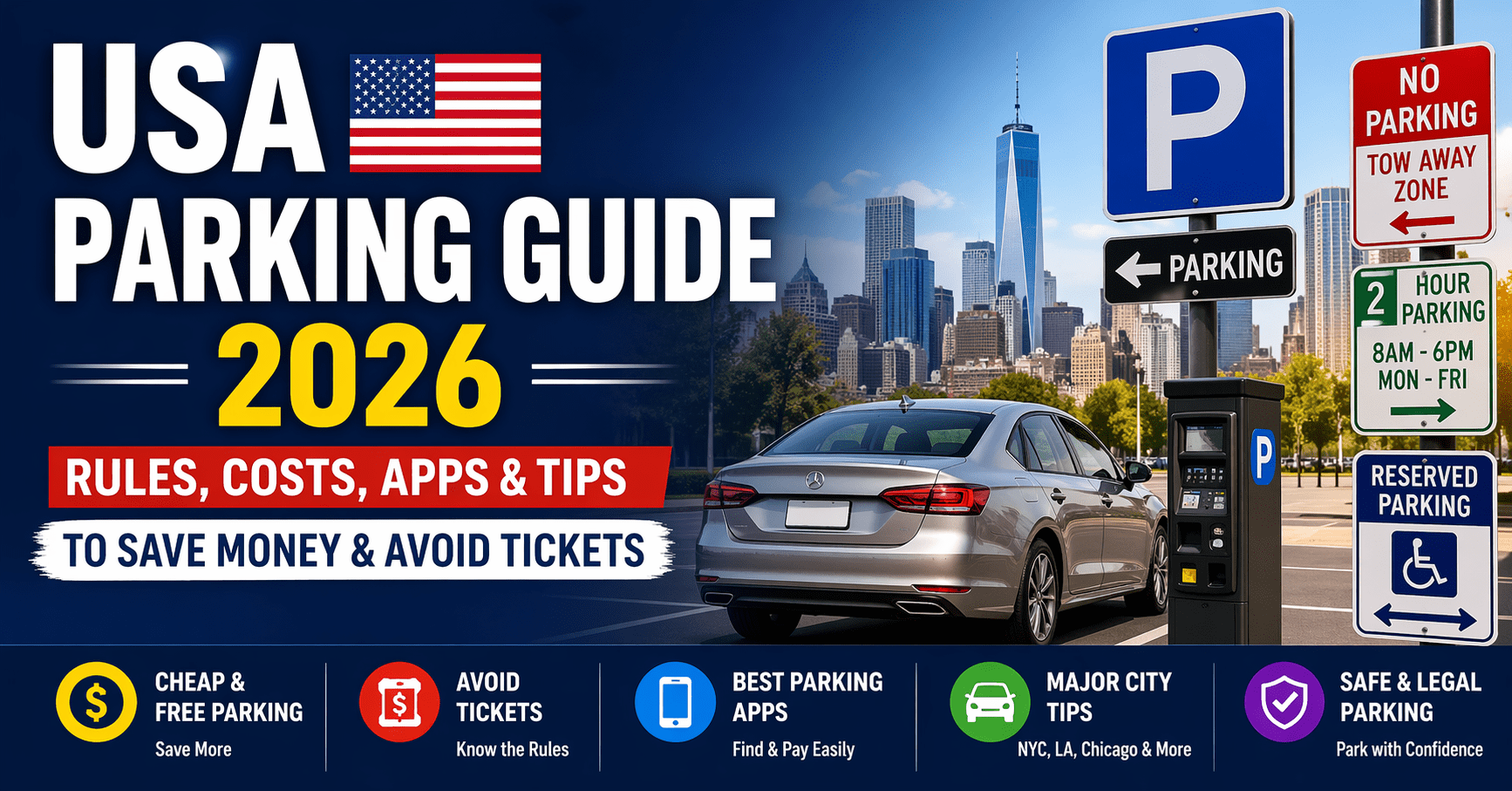 USA parking guide 2026 showing parking signs, car, meter and rules to find cheap parking and avoid tickets