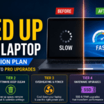 A hand holding an SSD and compressed air can beside a slow laptop on a warm wooden desk, showing the path from free fixes to pro upgrades.