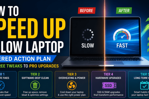 A hand holding an SSD and compressed air can beside a slow laptop on a warm wooden desk, showing the path from free fixes to pro upgrades.