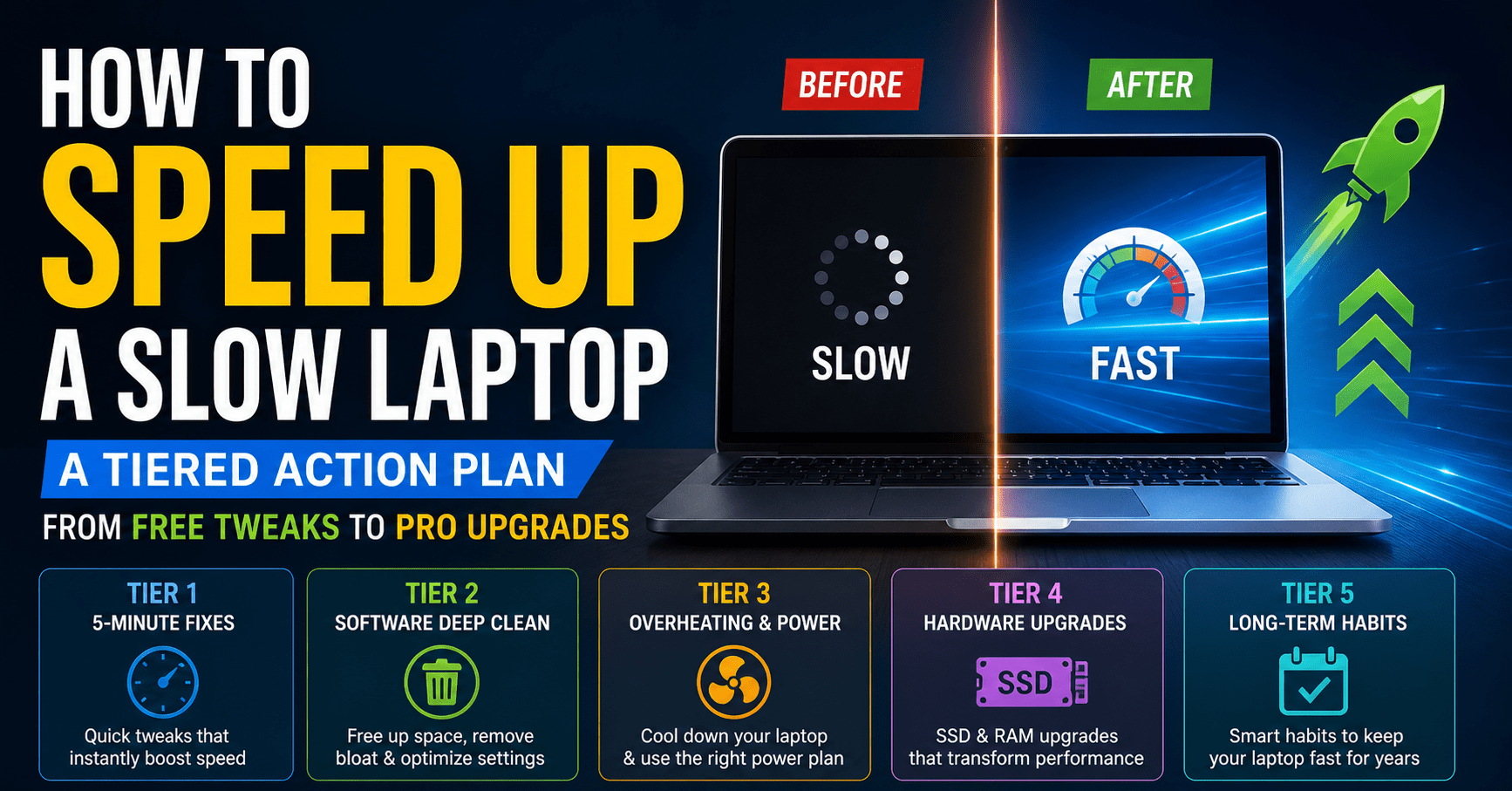 A hand holding an SSD and compressed air can beside a slow laptop on a warm wooden desk, showing the path from free fixes to pro upgrades.